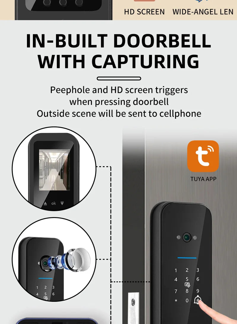 New Biometric Digital Electronic Smart Door Lock With Camera Fingerprint Tuya Wifi Smart Card Password Key Unlock