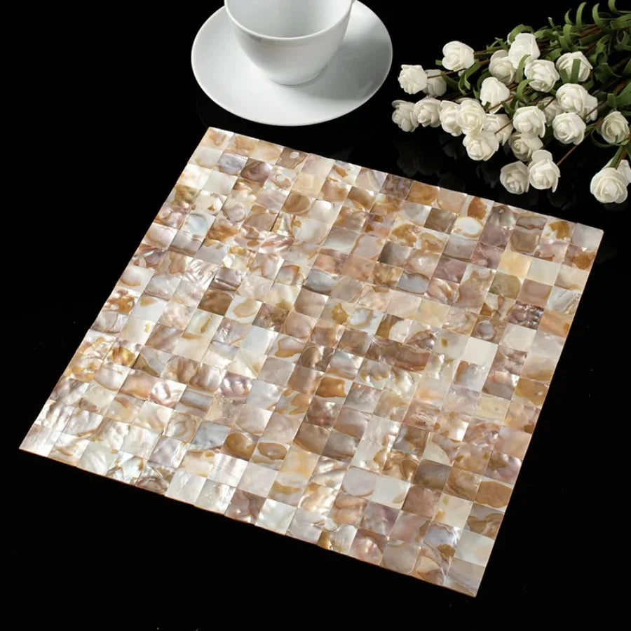 Iridescent mother-of-pearl mosaic tile sticker sheet, warm gold square tile design