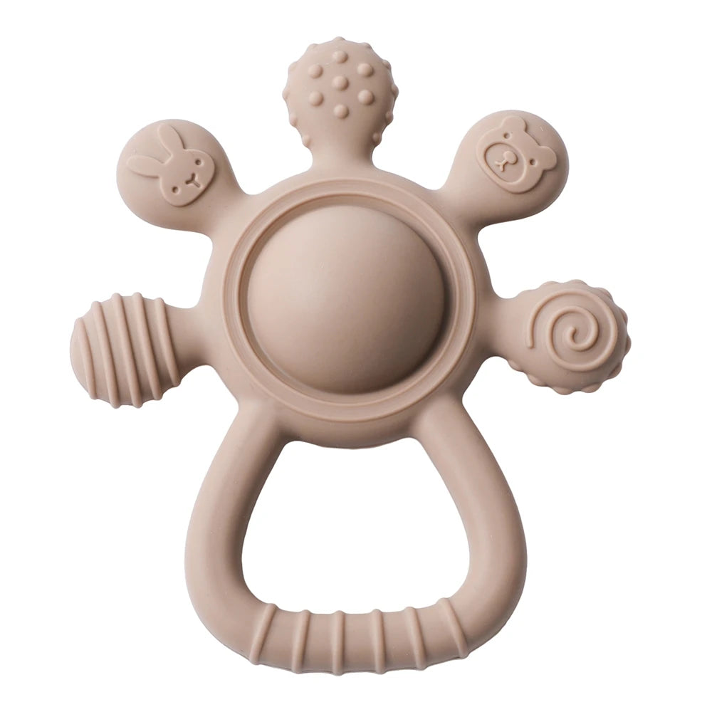 Beige silicone baby teething toy with multiple textures for soothing relief.