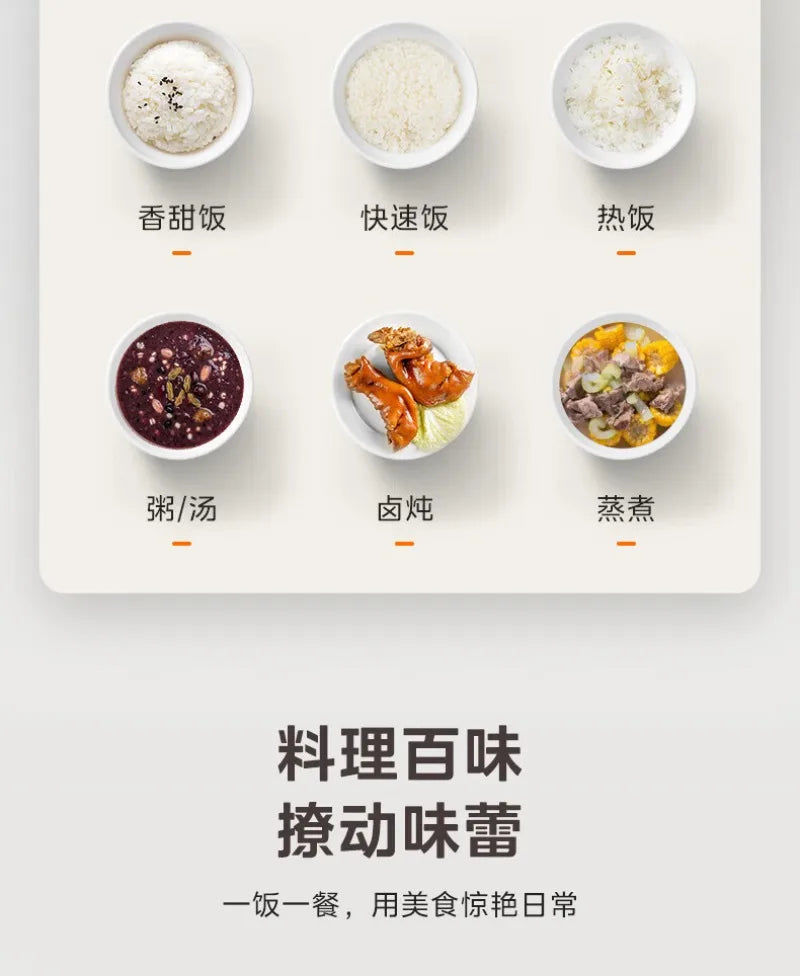 Rice cooker menu bowls shown: sweet, quick, warm, braised, roasted options