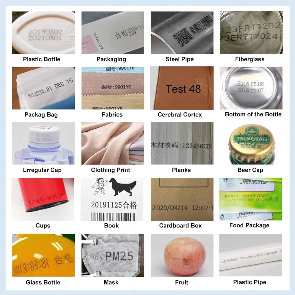 Handheld inkjet label printer with examples of printed items like plastic bottle, fabric, and caps