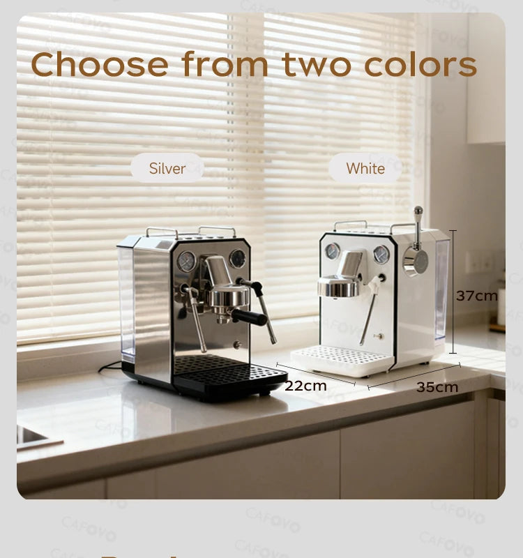 Cafovo espresso machines in silver and white, 22x35x37cm compact home coffee makers with dual pressure gauges.