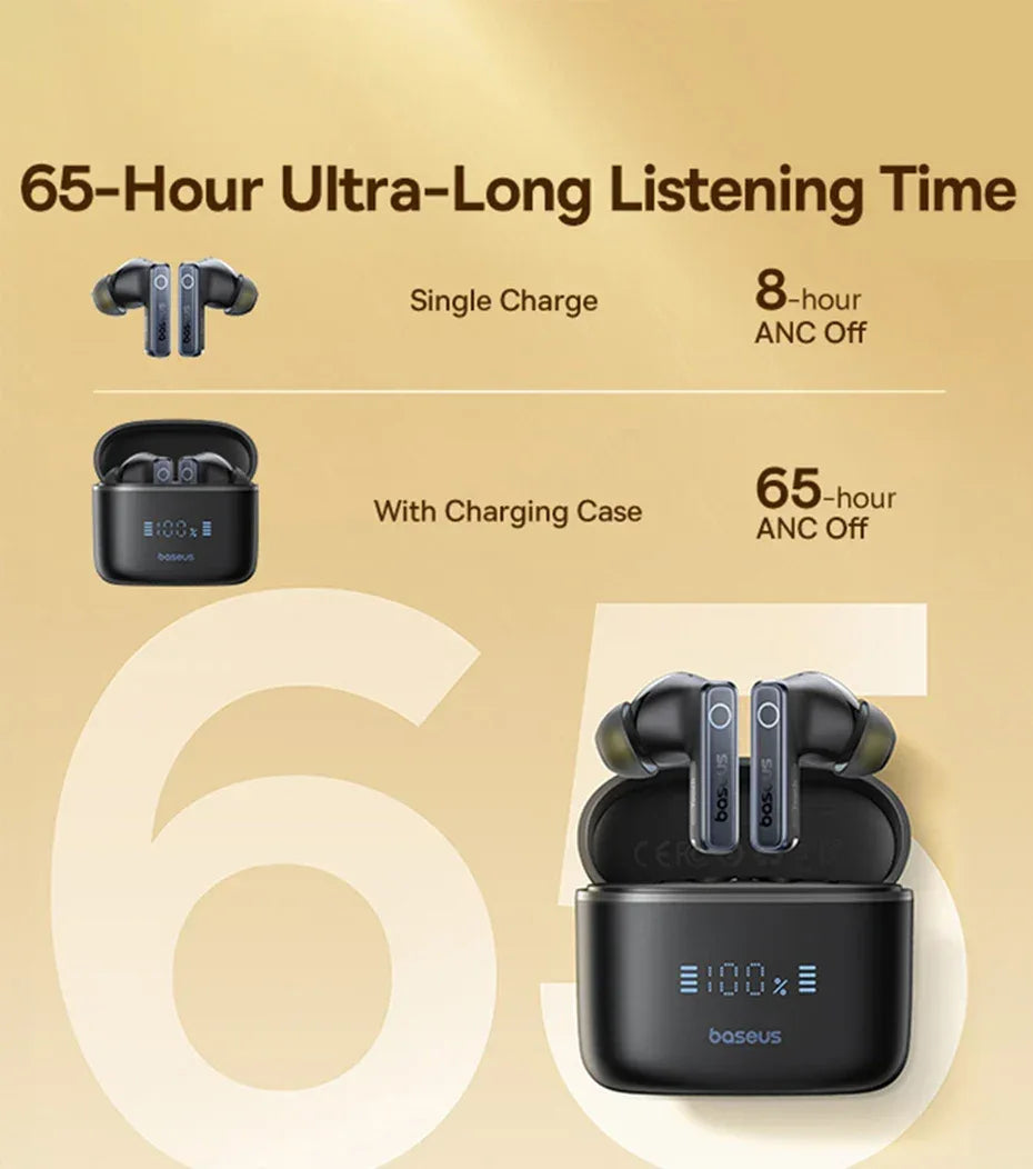 Baseus Bowie 30 Wireless Earphones 50dB Noise Reduction 65Hrs Long Playtime Bluetooth 5.3 Earbuds 6 Mics AI Call Clear Big Bass Tidesmit