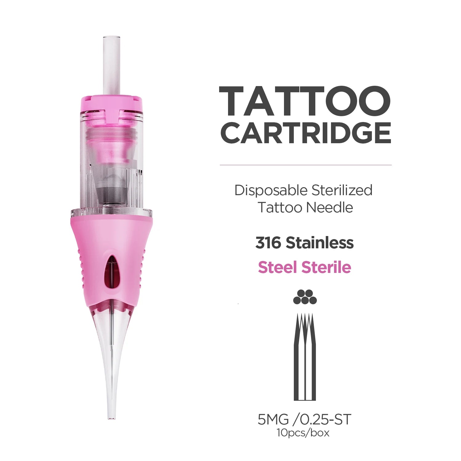 Pink, disposable sterile tattoo needle cartridge made of 316 stainless steel with a clear tip. 5MG 0.25mm size.