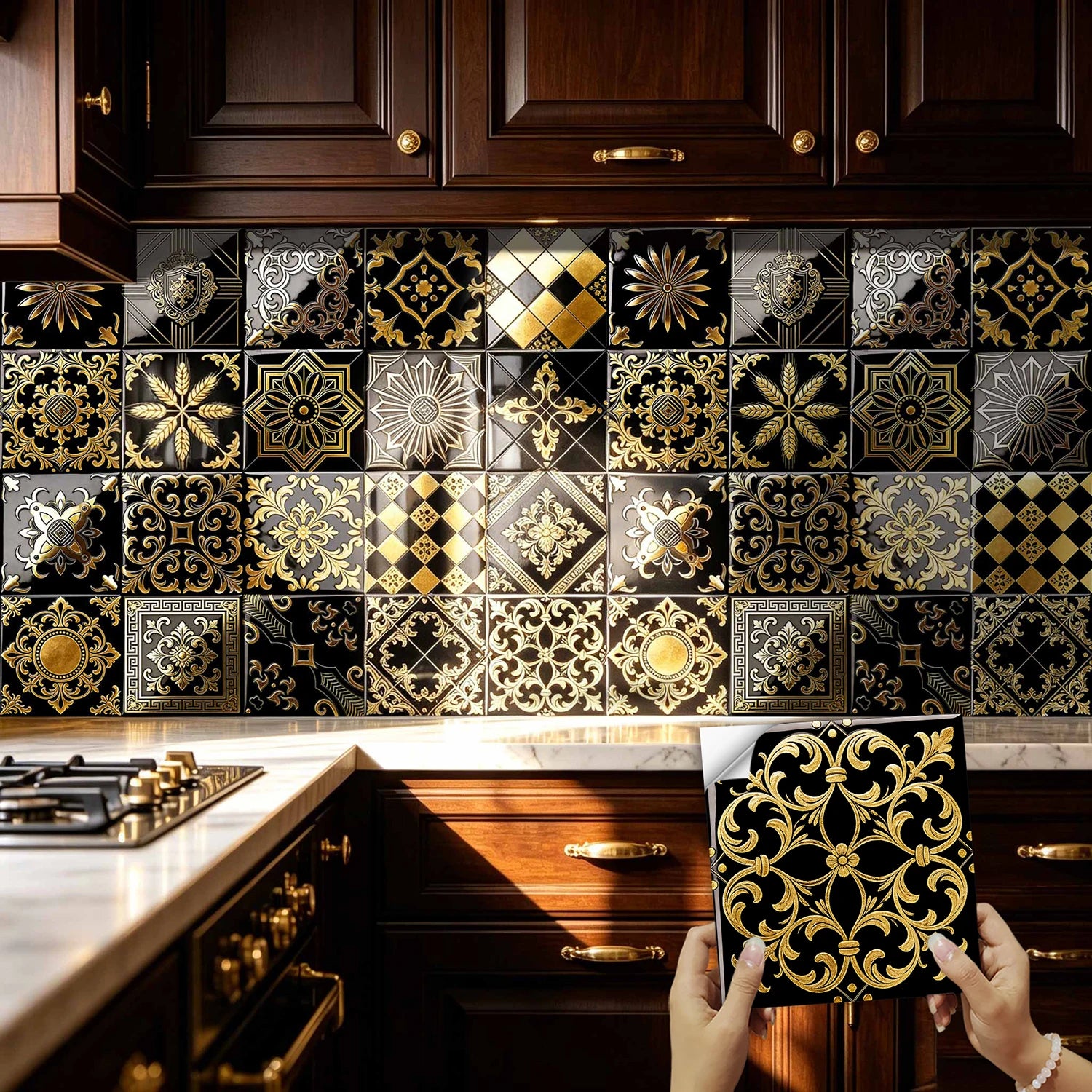 20pcs Classic Black Gold Ornate Baroque Style Tile Transfers Waterproof Stickers for Home Renovation
