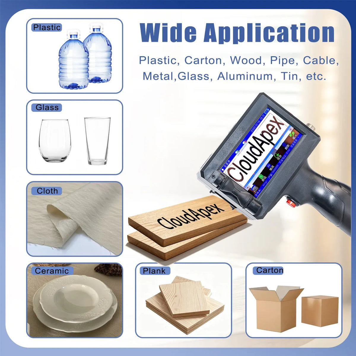 Handheld inkjet printer shown printing on plastic, glass, cloth, ceramic, and wood