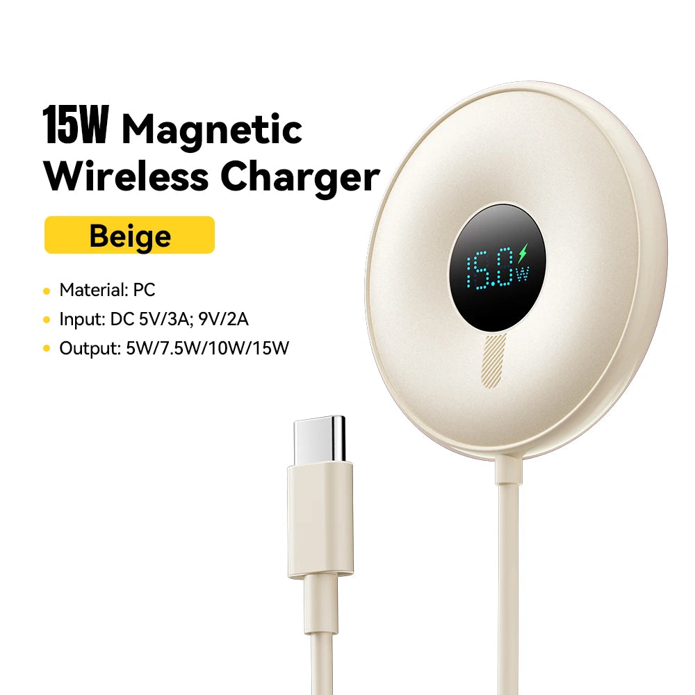 Magnetic 15W Wireless Charger with Digital Display for iPhone 15W Beige CN Tidesmit