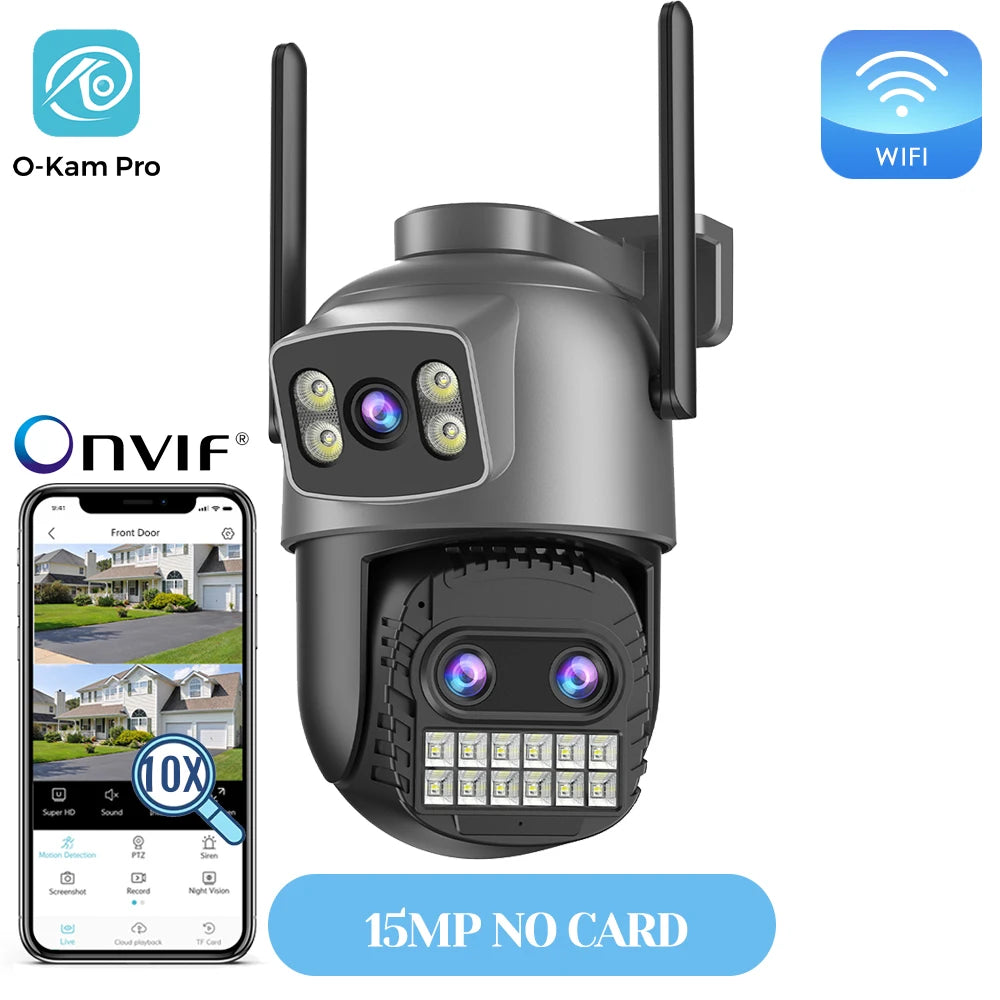 PTZ outdoor security WiFi camera with dual antennas, matte black, quad-lens front.