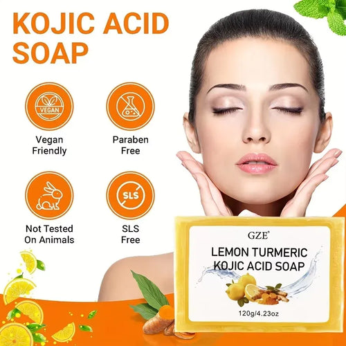 Anti-inflammatory lemon turmeric kojic acid soap bar, 120g, in orange packaging.