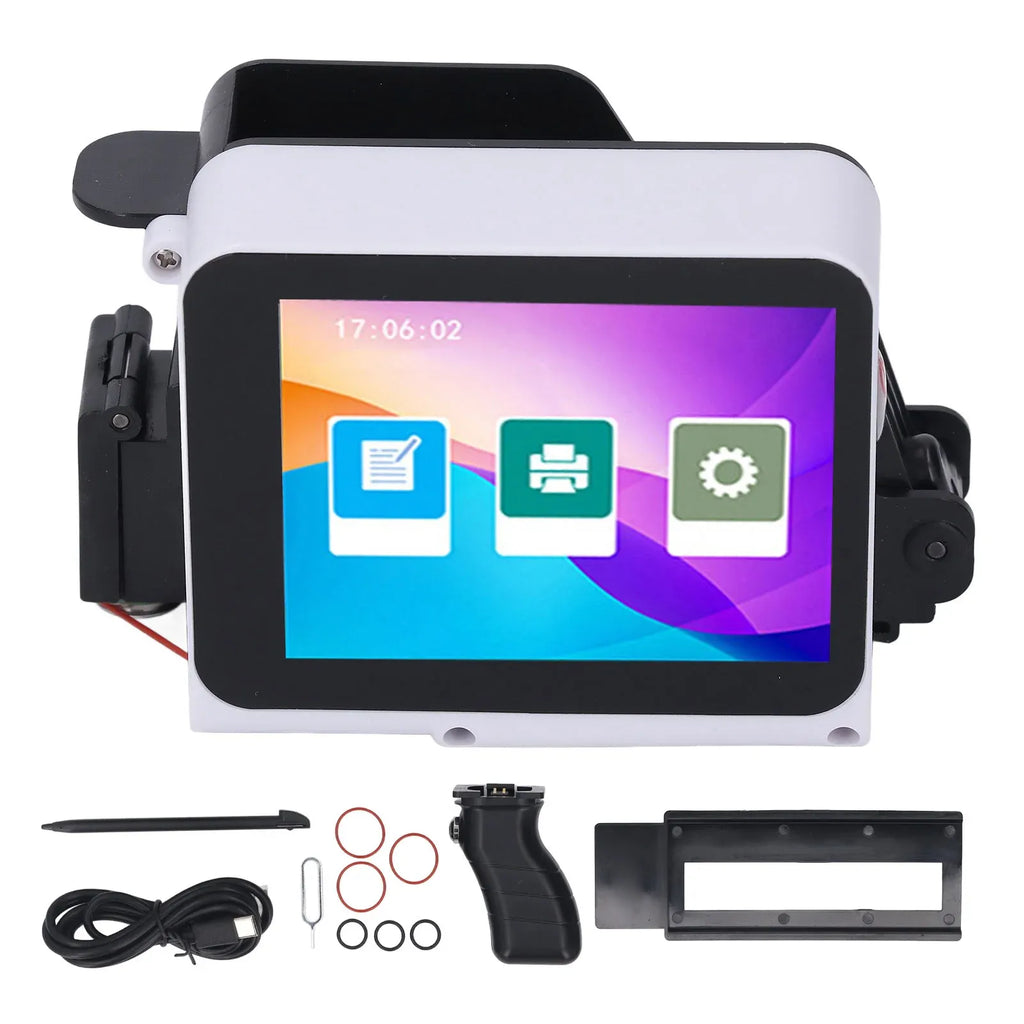 Handheld inkjet printer with touchscreen and included accessories laid out