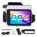 Handheld inkjet printer with touchscreen and included accessories laid out