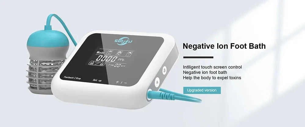 Ionic detox foot spa bath machine with white touch screen control unit and blue array for professional health therapy.