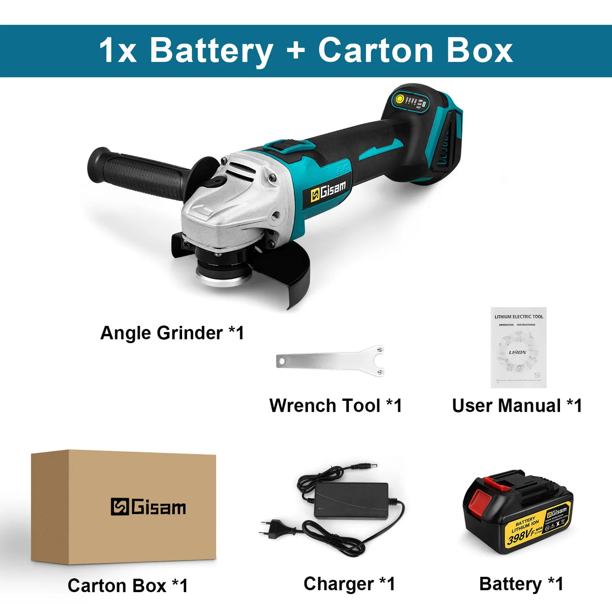 Cordless 125mm angle grinder kit with 1 battery, charger, wrench tool, and user manual