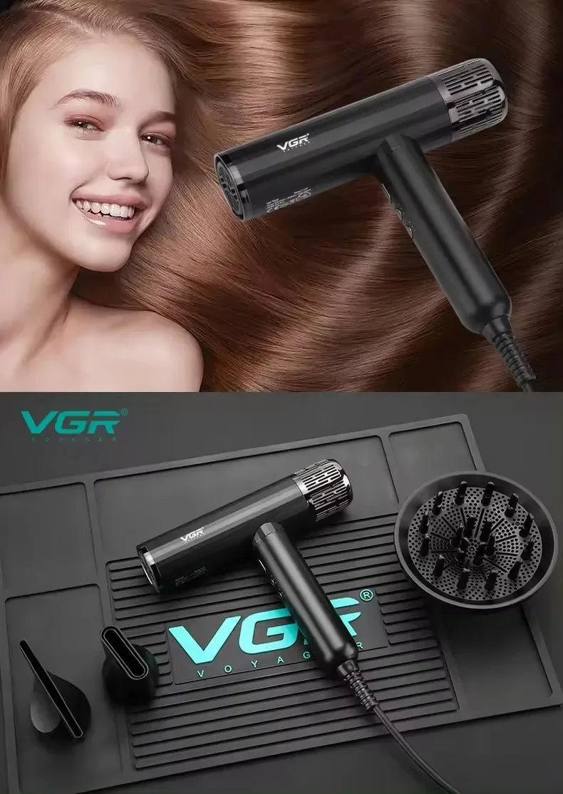 VGR V-427 black professional ionic hair dryer with brushless motor, nozzle, and diffuser for salon-style blowout.