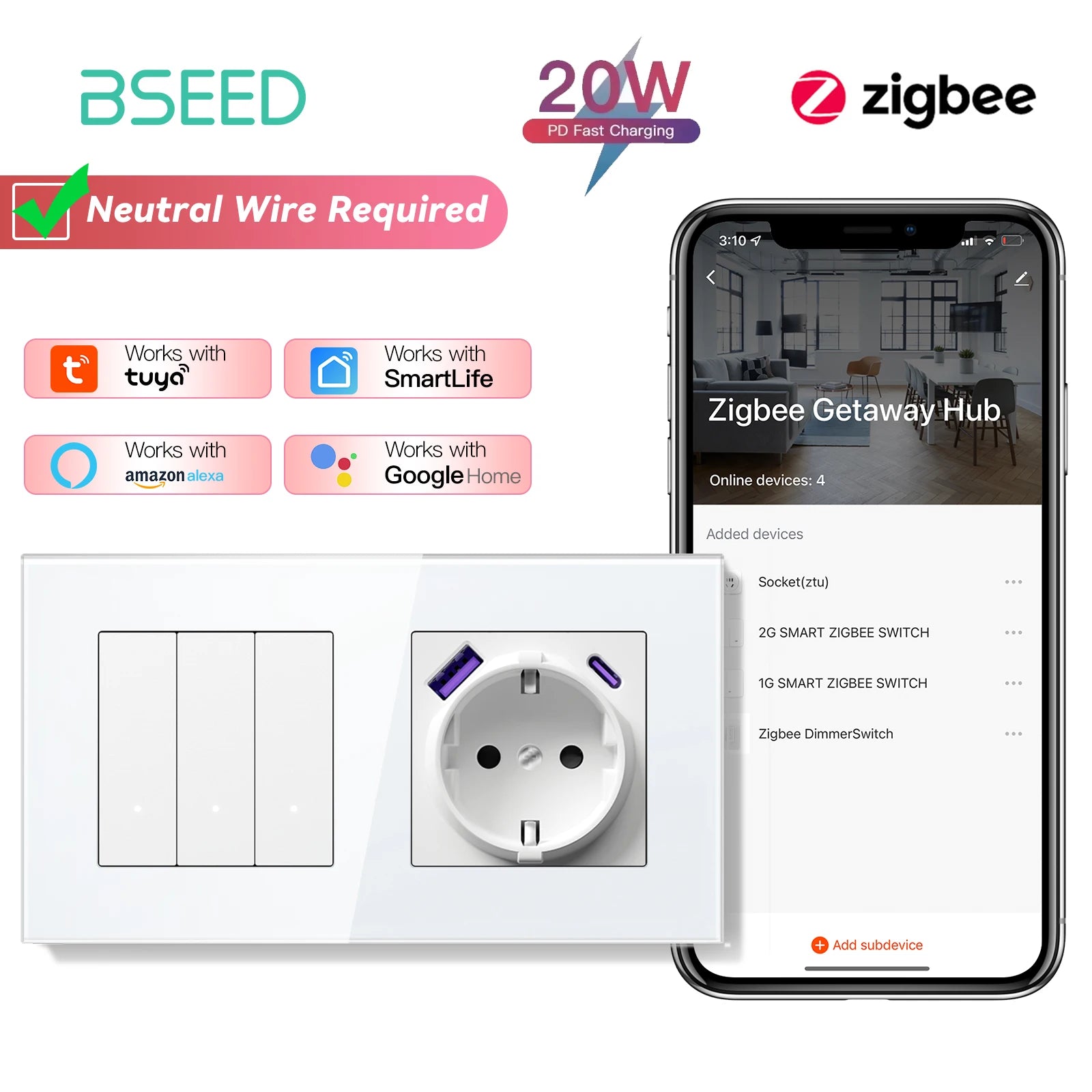 Zigbee Smart Light Switch with USB-C Port - EU Standard | Tidesmit 3G 20W AC Socket EU standard Tidesmit
