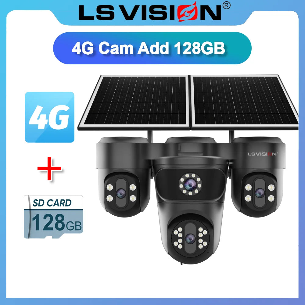 Solar outdoor surveillance camera kit with three black PTZ dome cameras, 4G connectivity