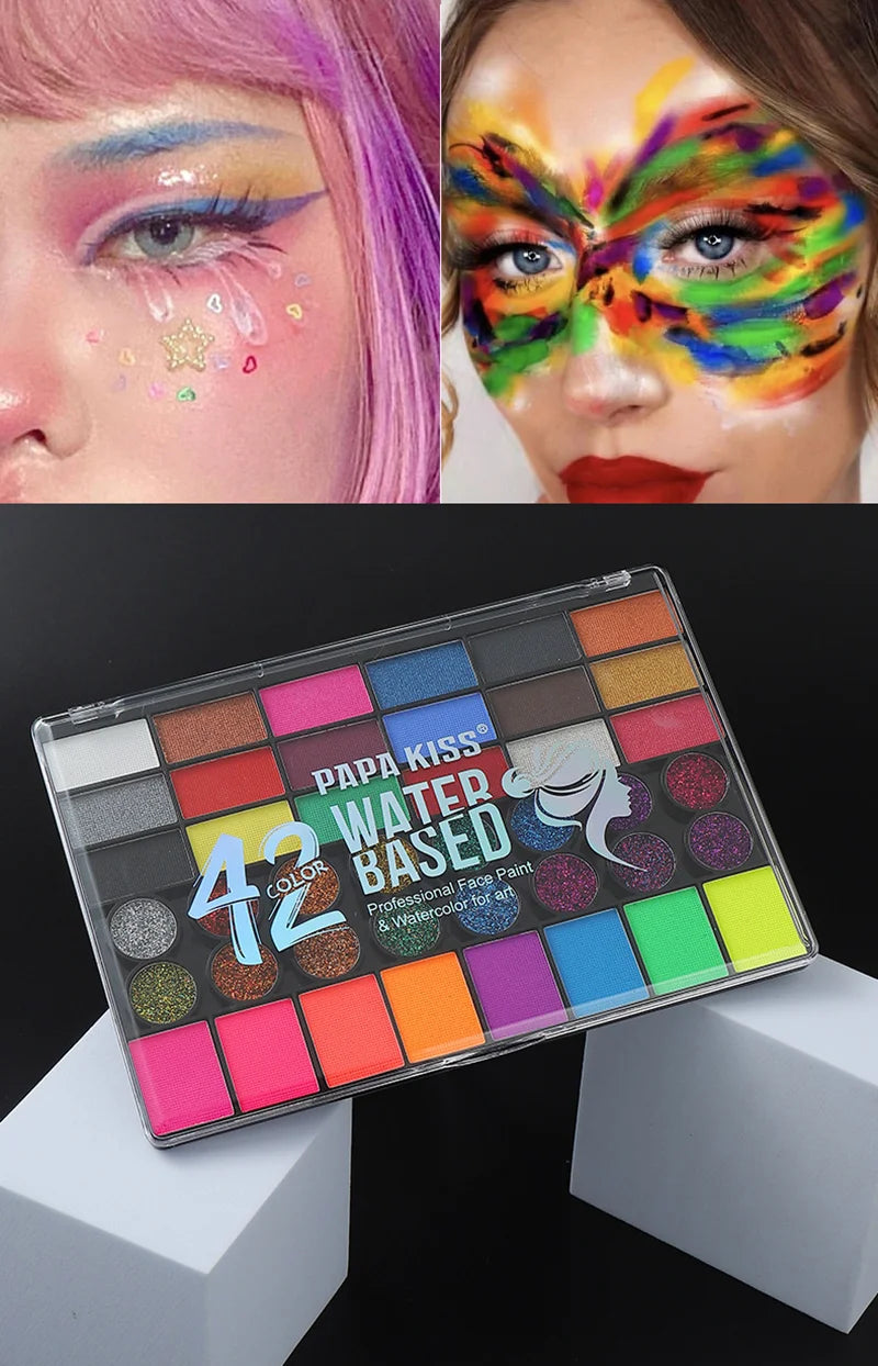 Tidesmit 42 color neon face and body paint palette swatch for Halloween festival makeup and glow party art