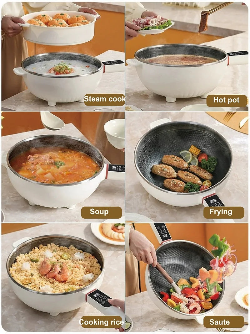 Multi-function electric cooking pot with lid and adjustable cook modes for soup, frying