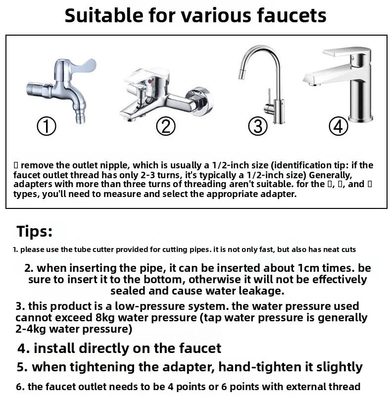 Universal faucet adapter set diagram with different tap outlet connection types