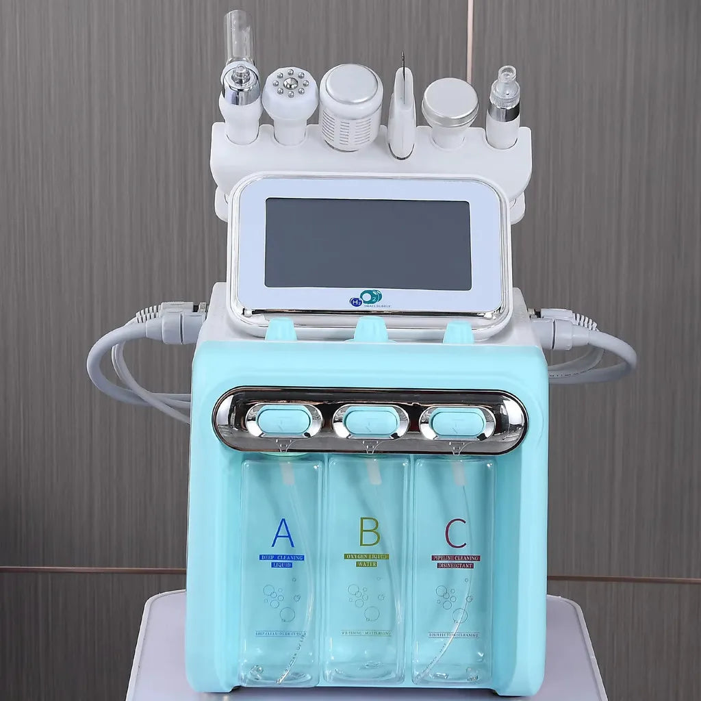 7-in-1 professional hydro facial machine with H2O oxygen sprayer, RF, ultrasonic skin lifting, and 3 cleaning bottles.
