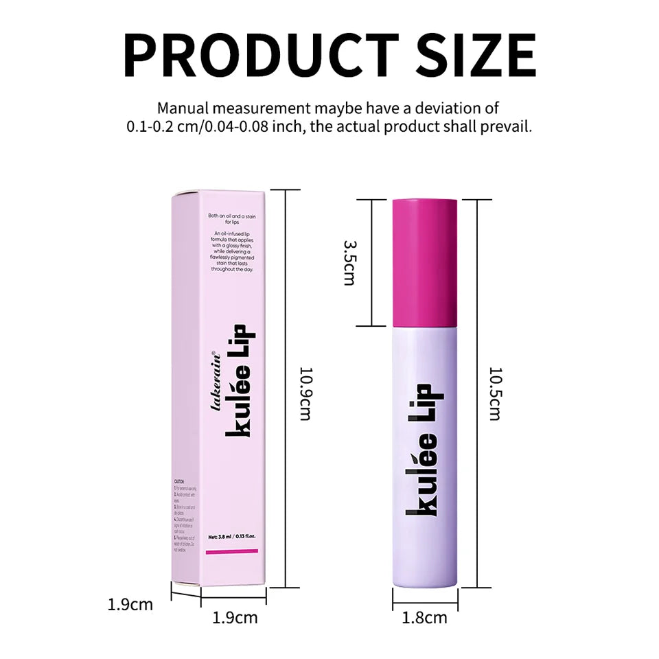 Lakerain Kulfée moisturizing lip oil packaging and tube size chart, highlighting non-sticky long-lasting lip gloss design.