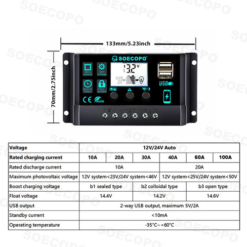 Black SOECOPO solar charge controller with LCD screen, two USB ports, and technical specification chart. 133x70mm.