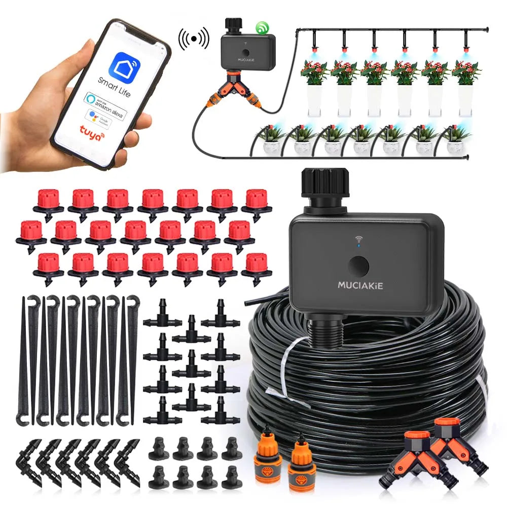 WiFi irrigation timer controller with black tubing and orange sprinkler connectors, app-controlled kit
