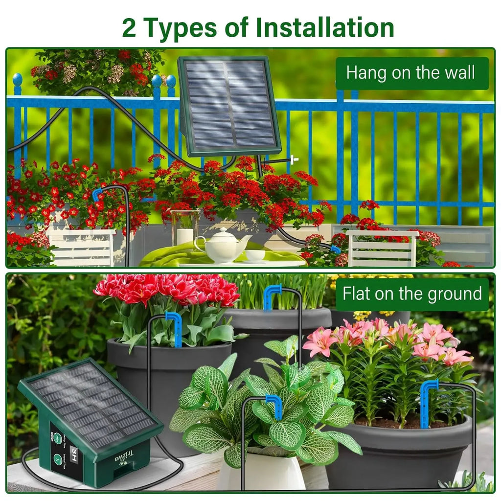 Solar drip irrigation kit showing wall-hanging and ground-flat solar panel with drip tubing
