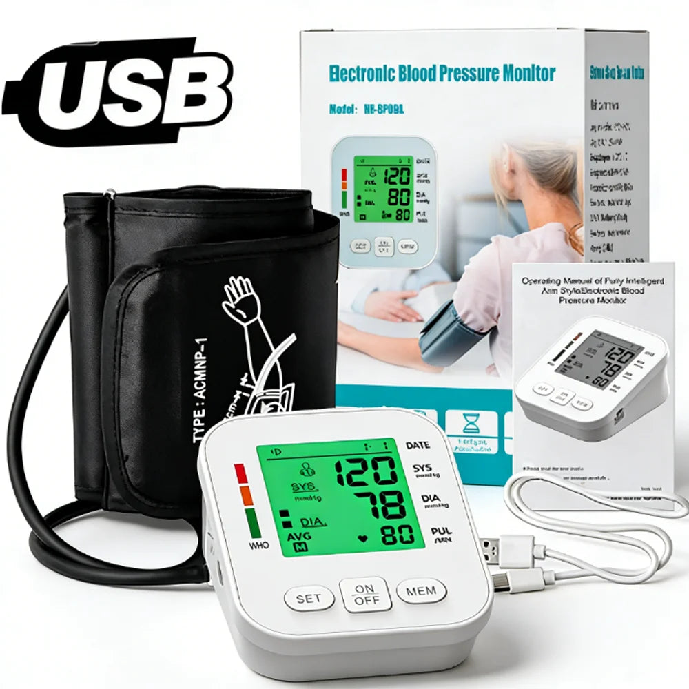 Upper Arm Blood Pressure Monitor Automatic Cuff Tonometer Digital Tensiometer Rechargeable Blood Pressure Meter Heart Rate Meter