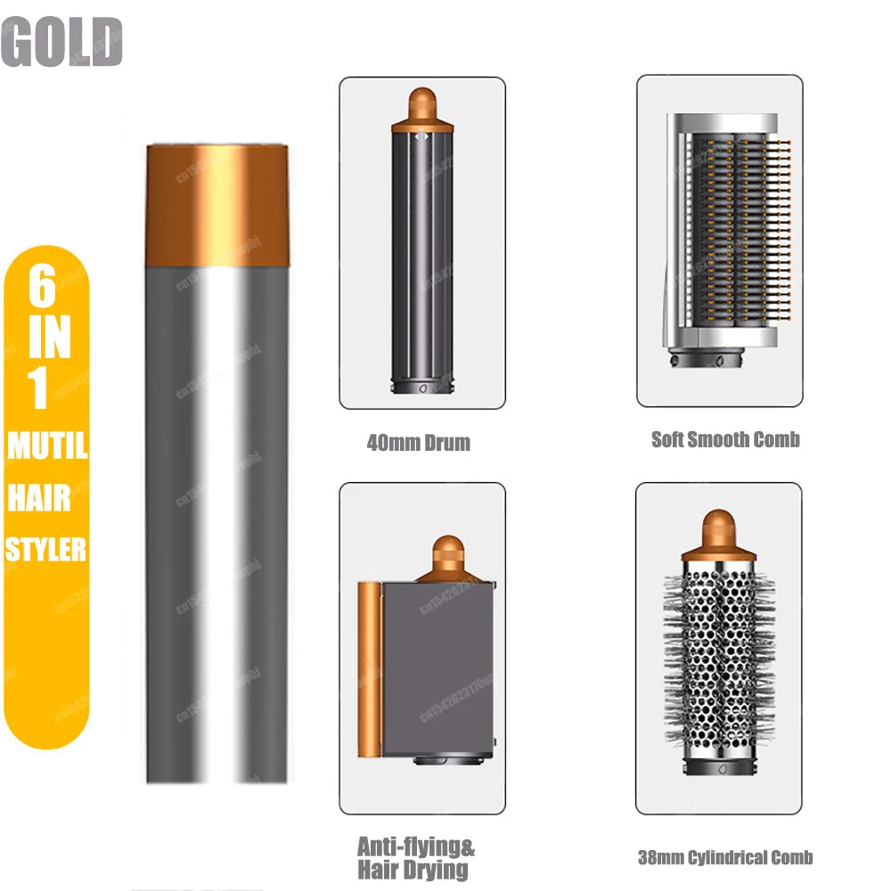 Gold 6-in-1 hair styler set with auto curler, drying attachment, and styling brushes for salon-quality blowouts.