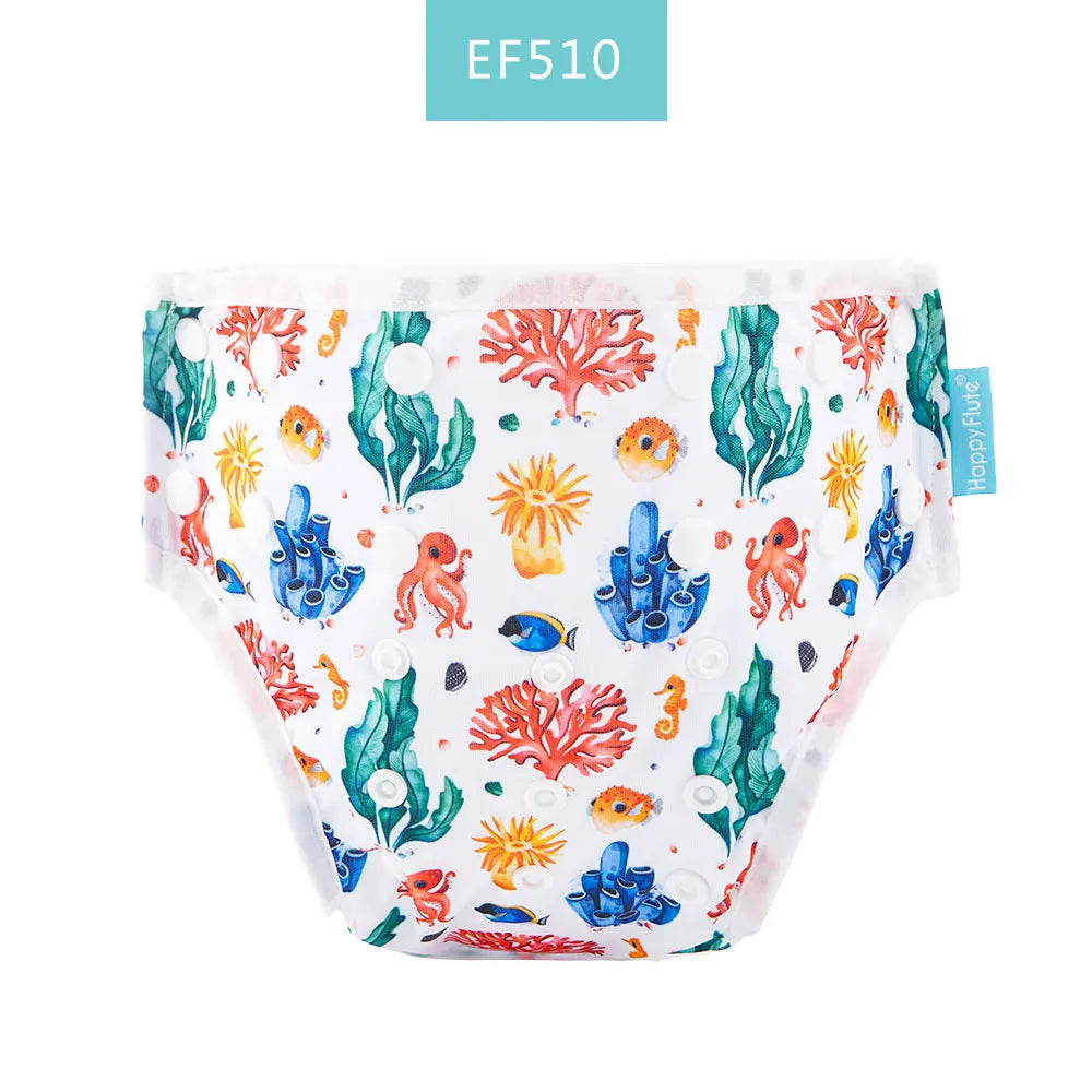 Happy Flute reusable baby swim diaper, EF510, featuring a white aquatic coral reef and sea creature pattern.