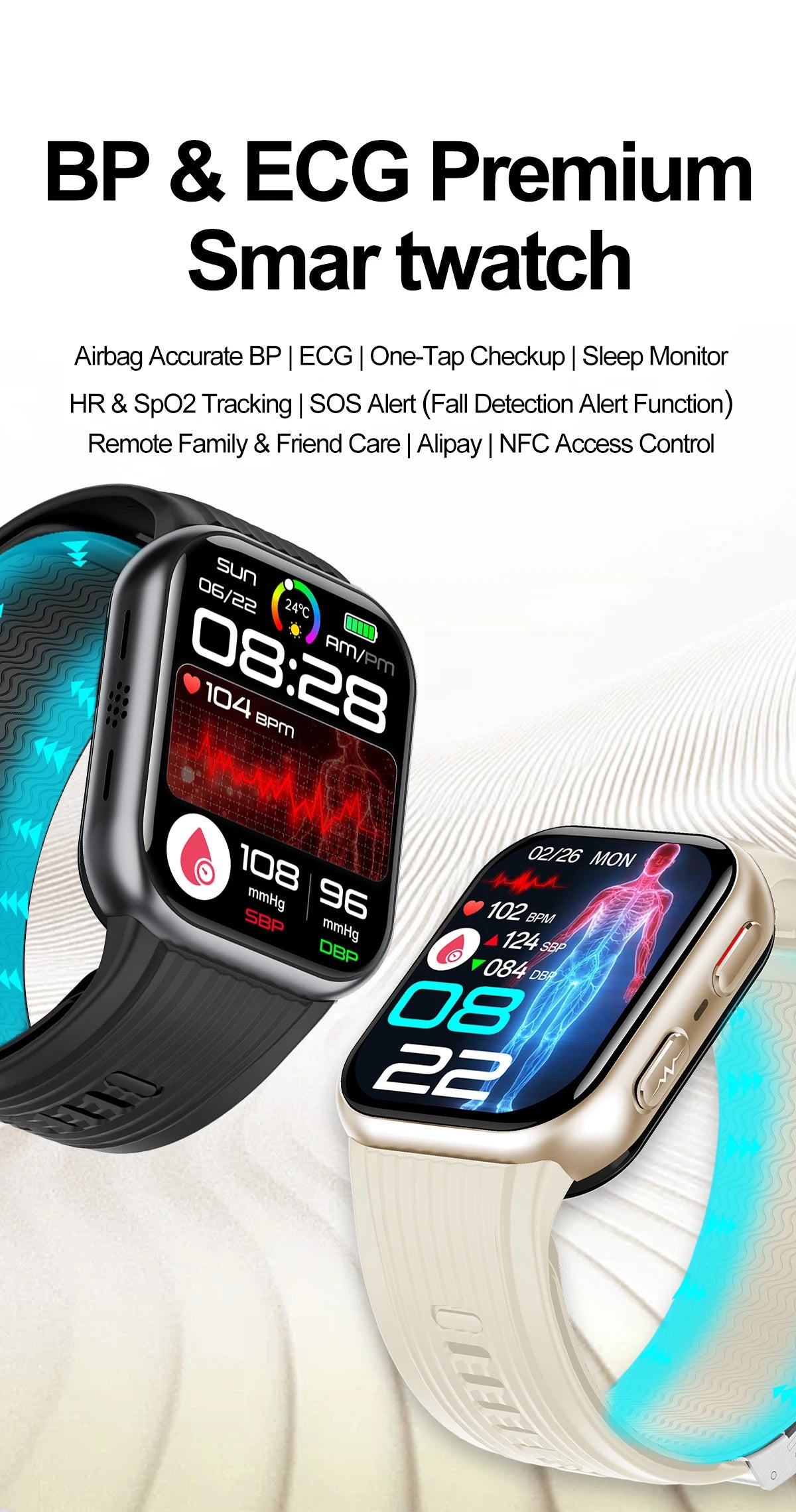 2026New Airbag Blood Pressure SmartWatch NFC ECG+PPG Body Temp Sleep SpO2 Monitor Sports Fitness Health SmartWatch For Men Women
