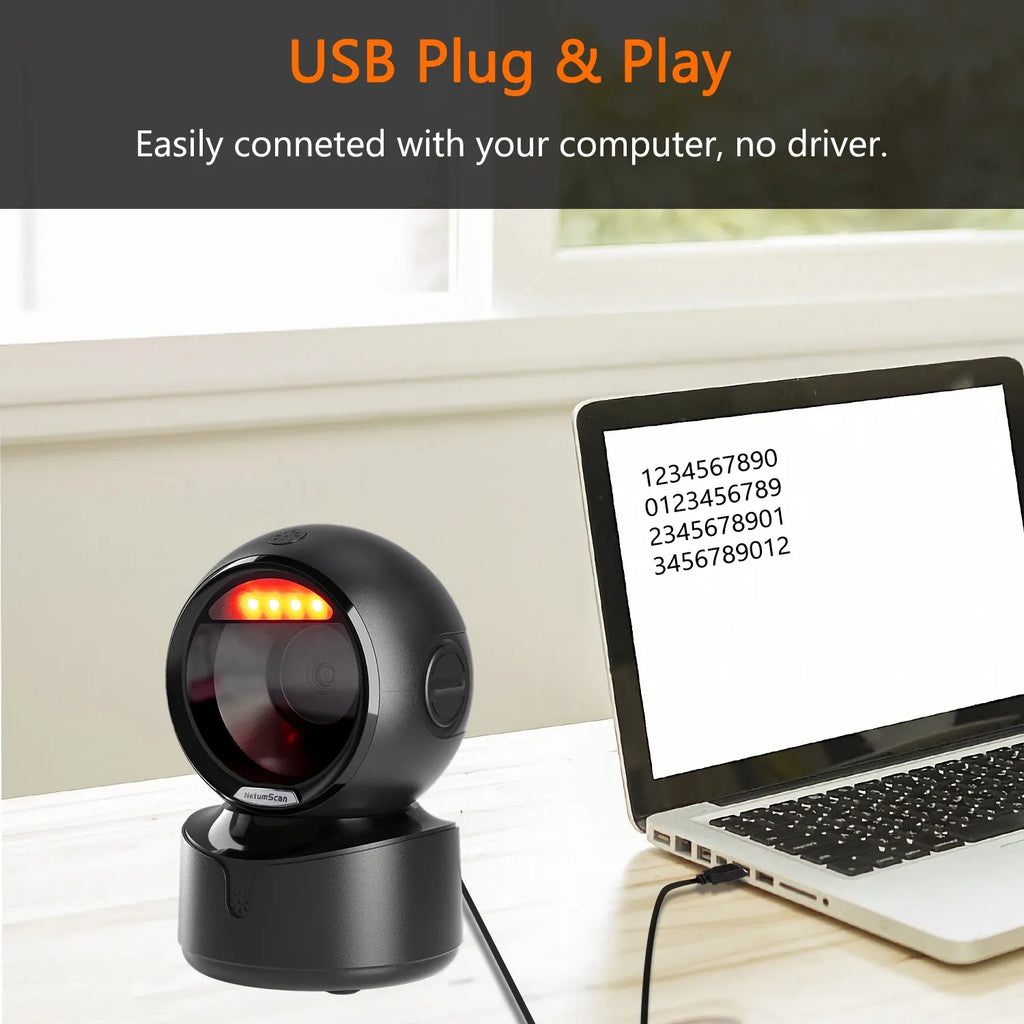 Black omnidirectional barcode scanner docked on a stand with USB cable attached
