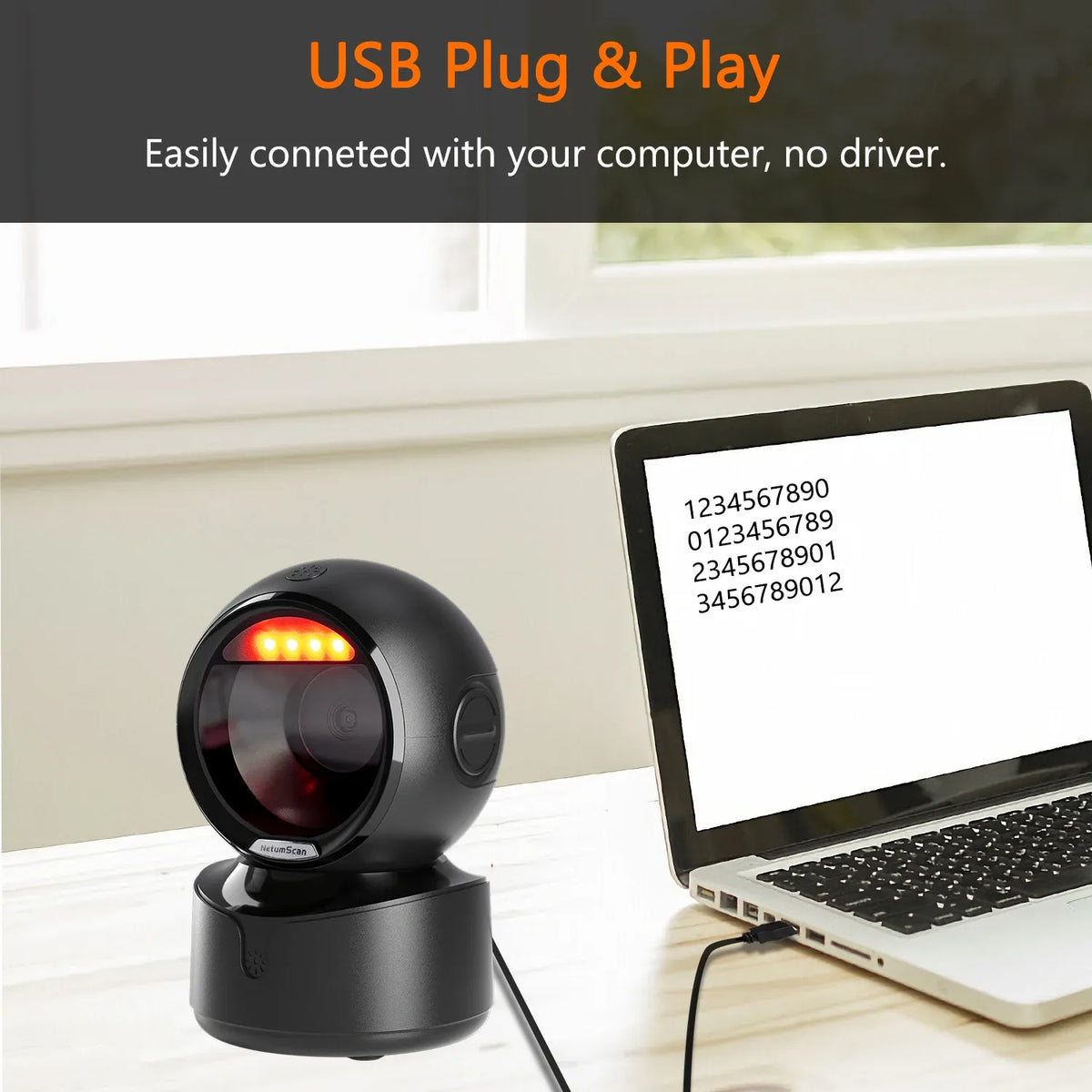 Black omnidirectional barcode scanner docked on a stand with USB cable attached