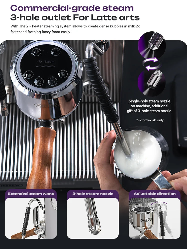 HiBREW espresso machine with stainless steel finish, wooden portafilter handle, and adjustable steam wand for frothing.