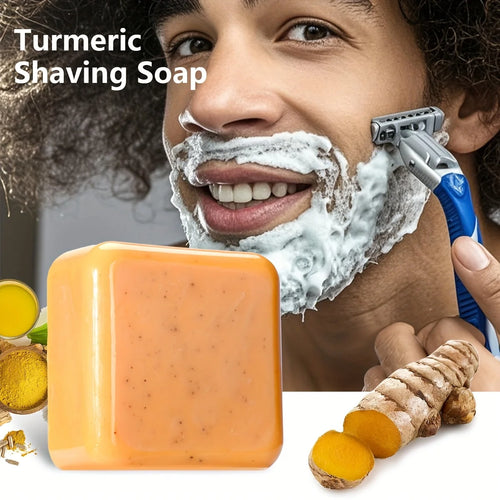 Anti-inflammatory turmeric shaving soap bar, orange packaging, used for soothing, smooth shaving.