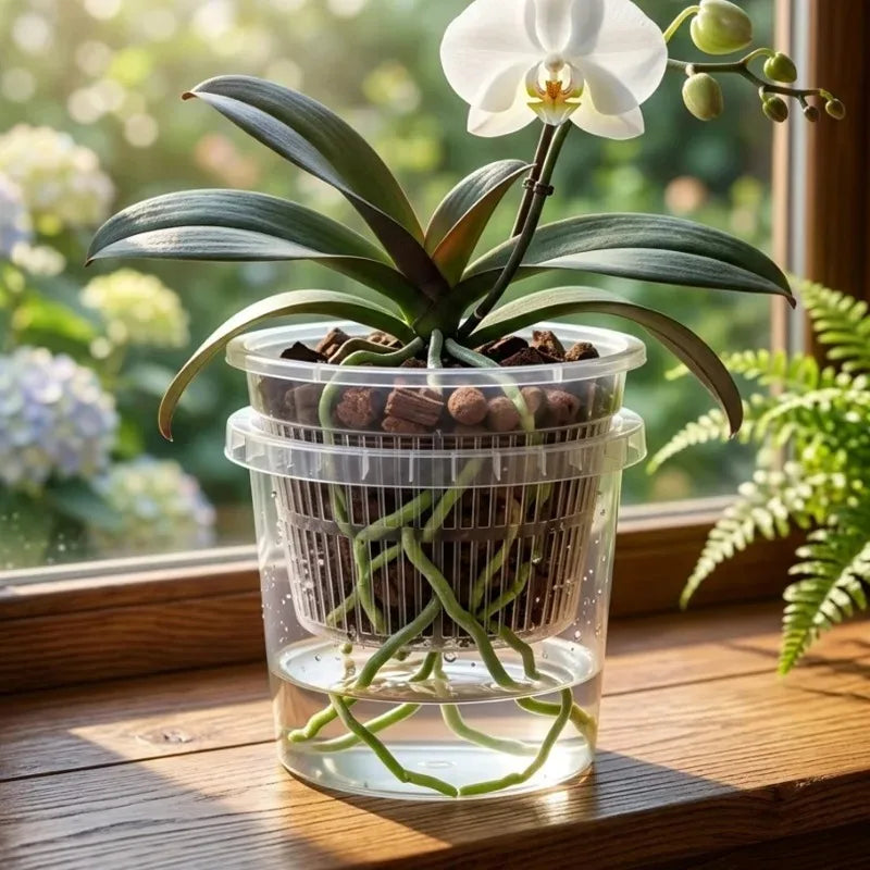 Clear self-watering orchid pot with inner mesh basket and white orchid bloom