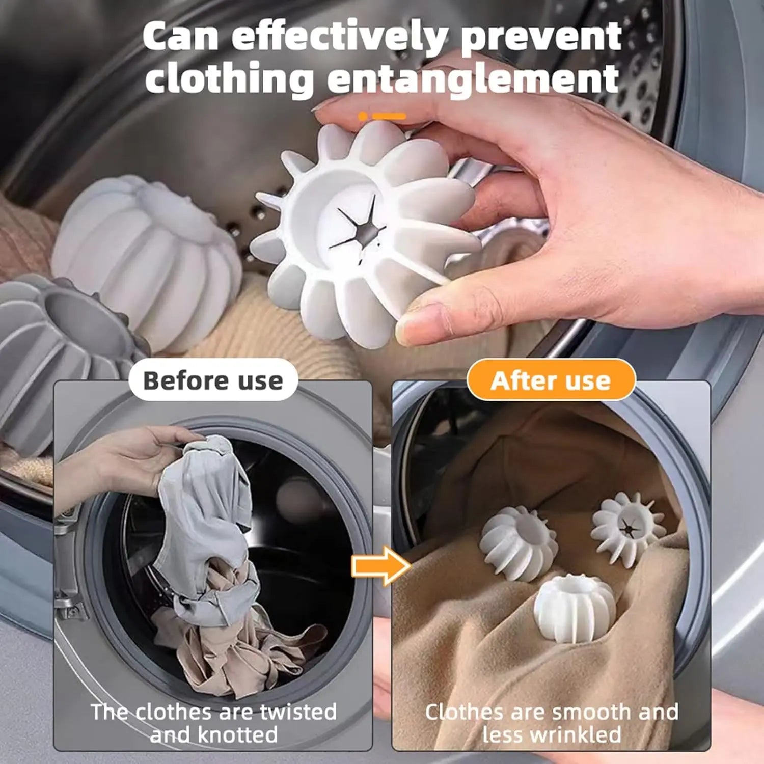 Reusable white silicone laundry balls for removing pet hair and preventing clothing tangles in the washing machine.