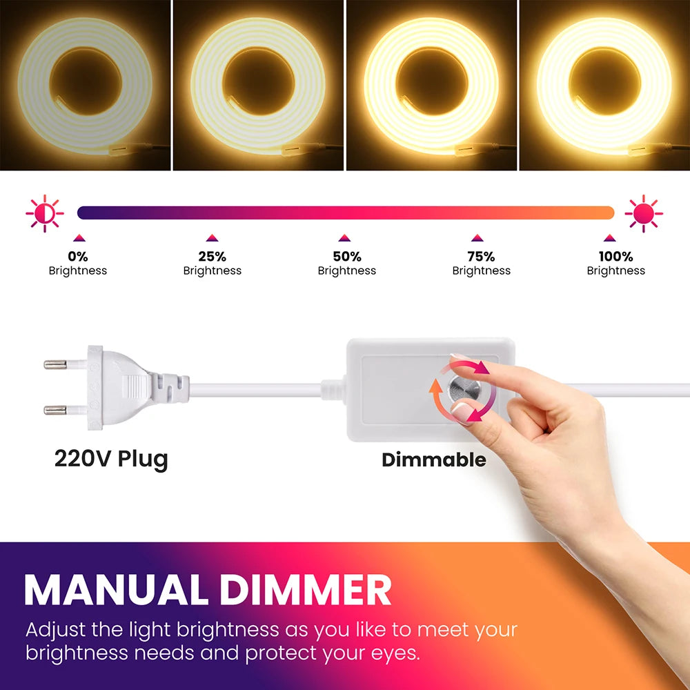220V Dimmable COB LED Strip Light 288 LEDs/M Dimmer Switch ON/OFF Waterproof EU Plug Flexible Neon Lamp Decor 3000K 4000K 6000K