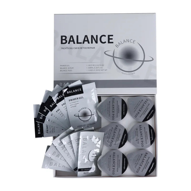 Oxygen facial machine kit with Balance primer gel sachets and rejuvenation treatment pods for oily skin.