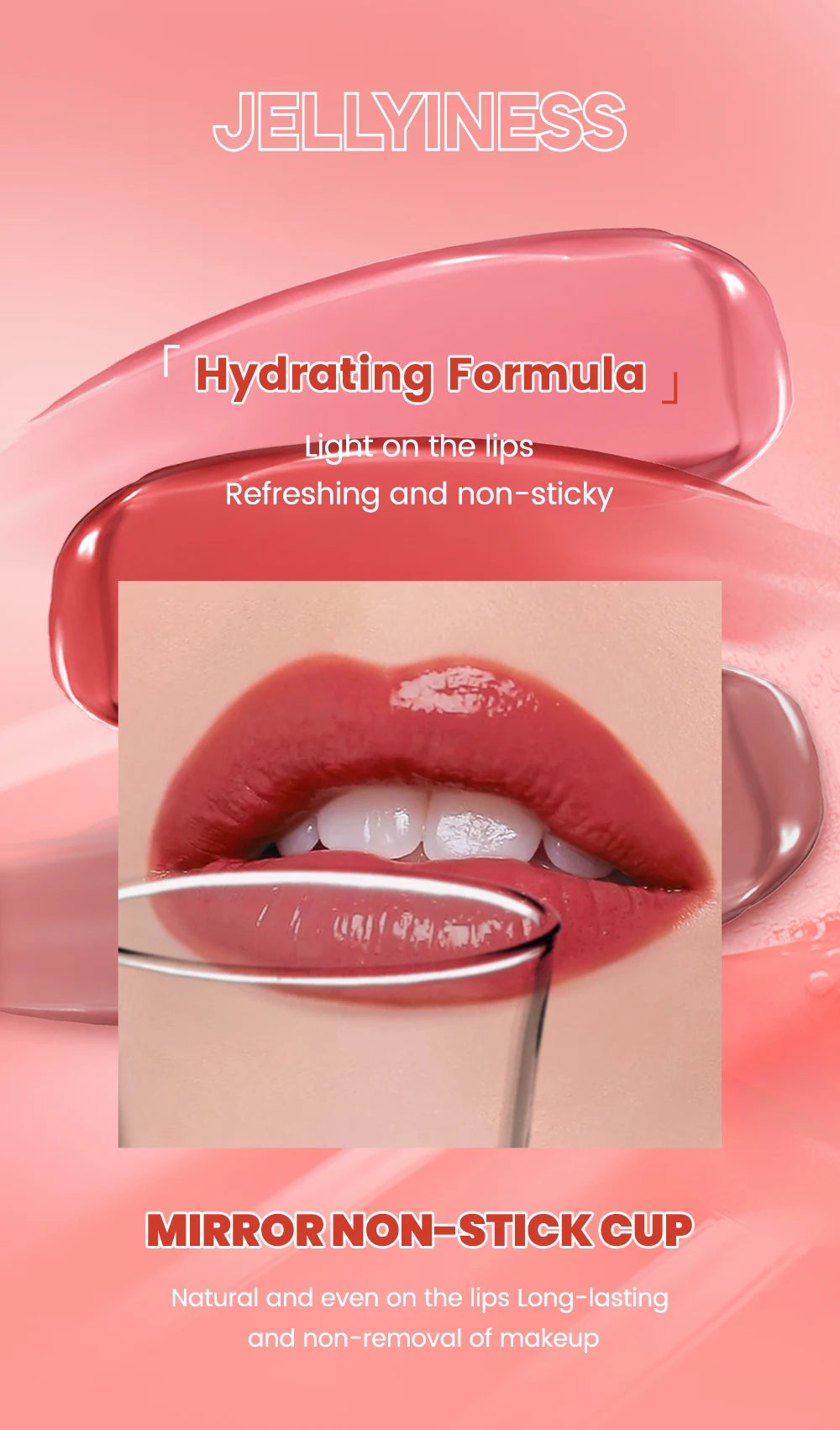 QIBEST glossy red lip glaze with mirror finish, hydrating non-sticky formula, long-lasting liquid lipstick stain.