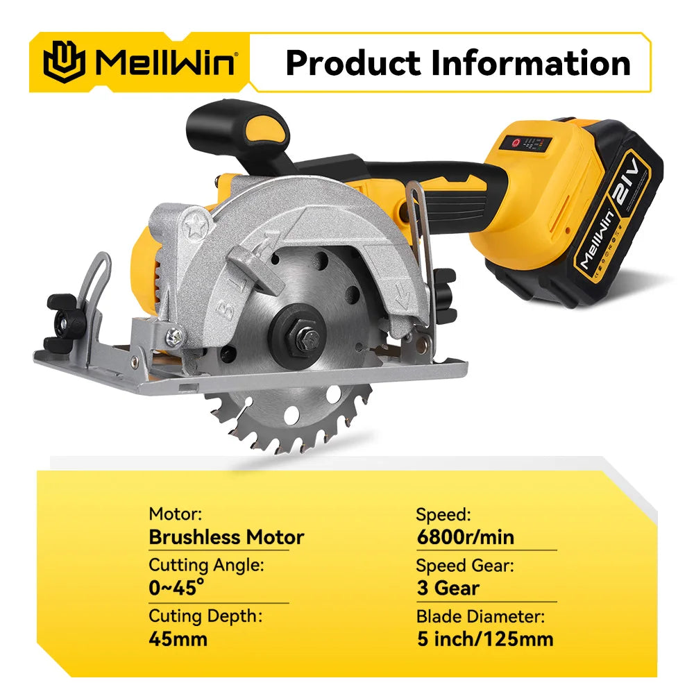 MELLWIN 5 Inch Brushless Electric Circular Saw Cordless Multi-Angle Saw Woodworking Power Tool Set For Makita 18V Battery Pin