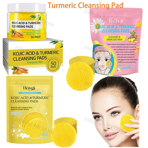 Anti-inflammatory turmeric cleansing pads in yellow and pink packaging, 40-50 count, for clear glowing skin.