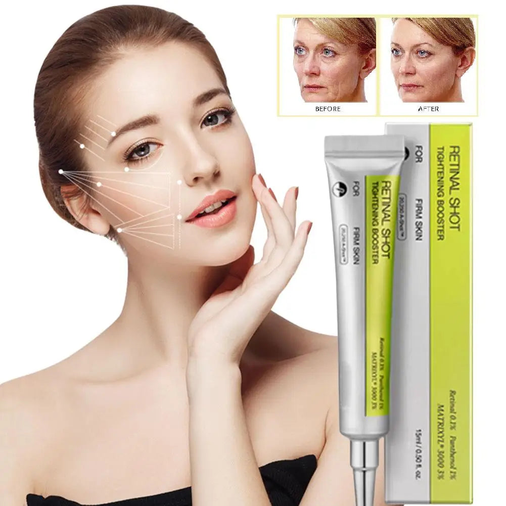 Retinal Shot Tightening Booster in a silver tube and lime green box used to firm skin, with before-and-after results.