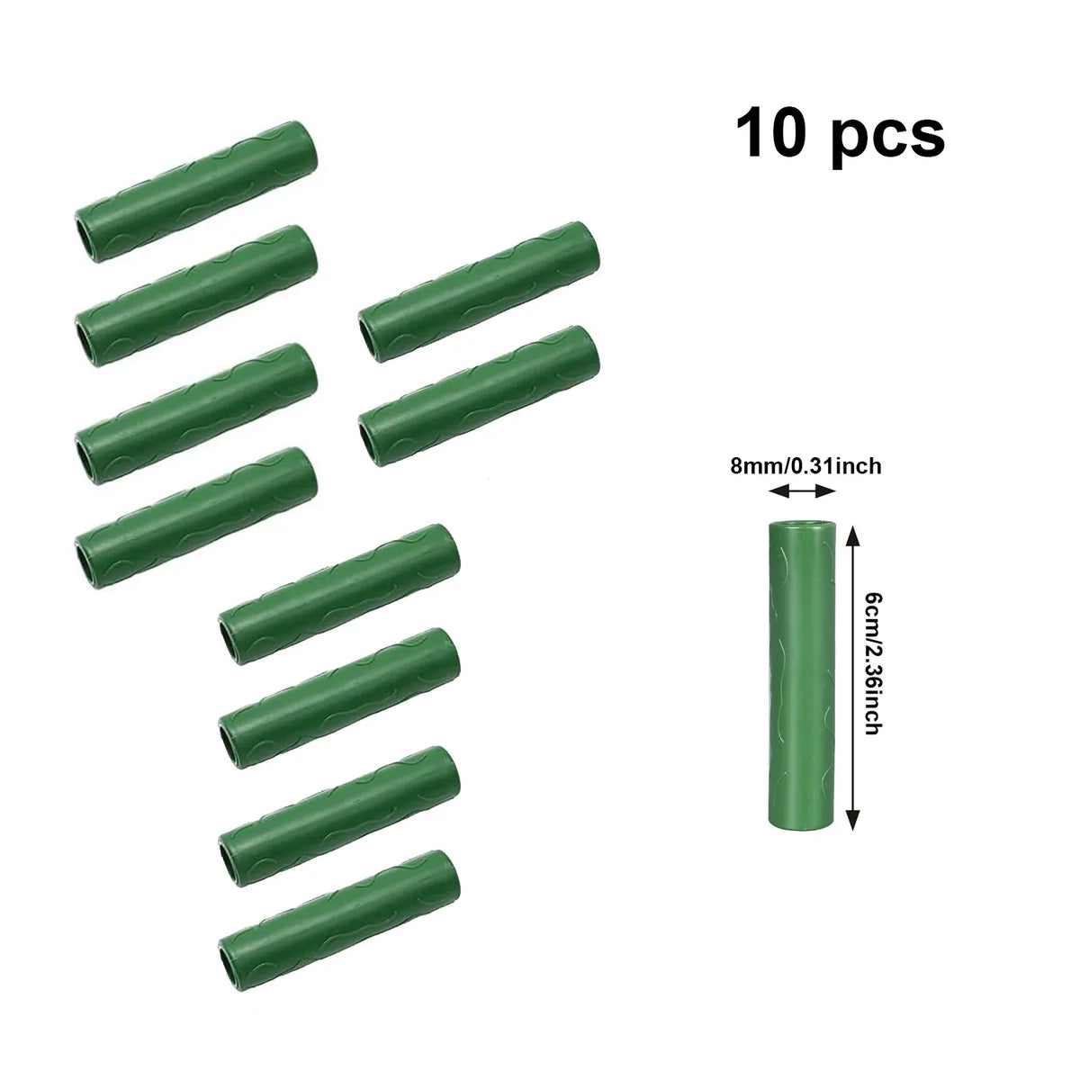 Green plastic plant support clips, 10-pack, curved clamp pieces for 8mm diameter