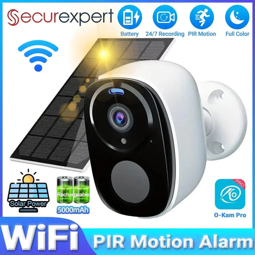 Outdoor solar security camera with white body and black lens face, wall-mounted