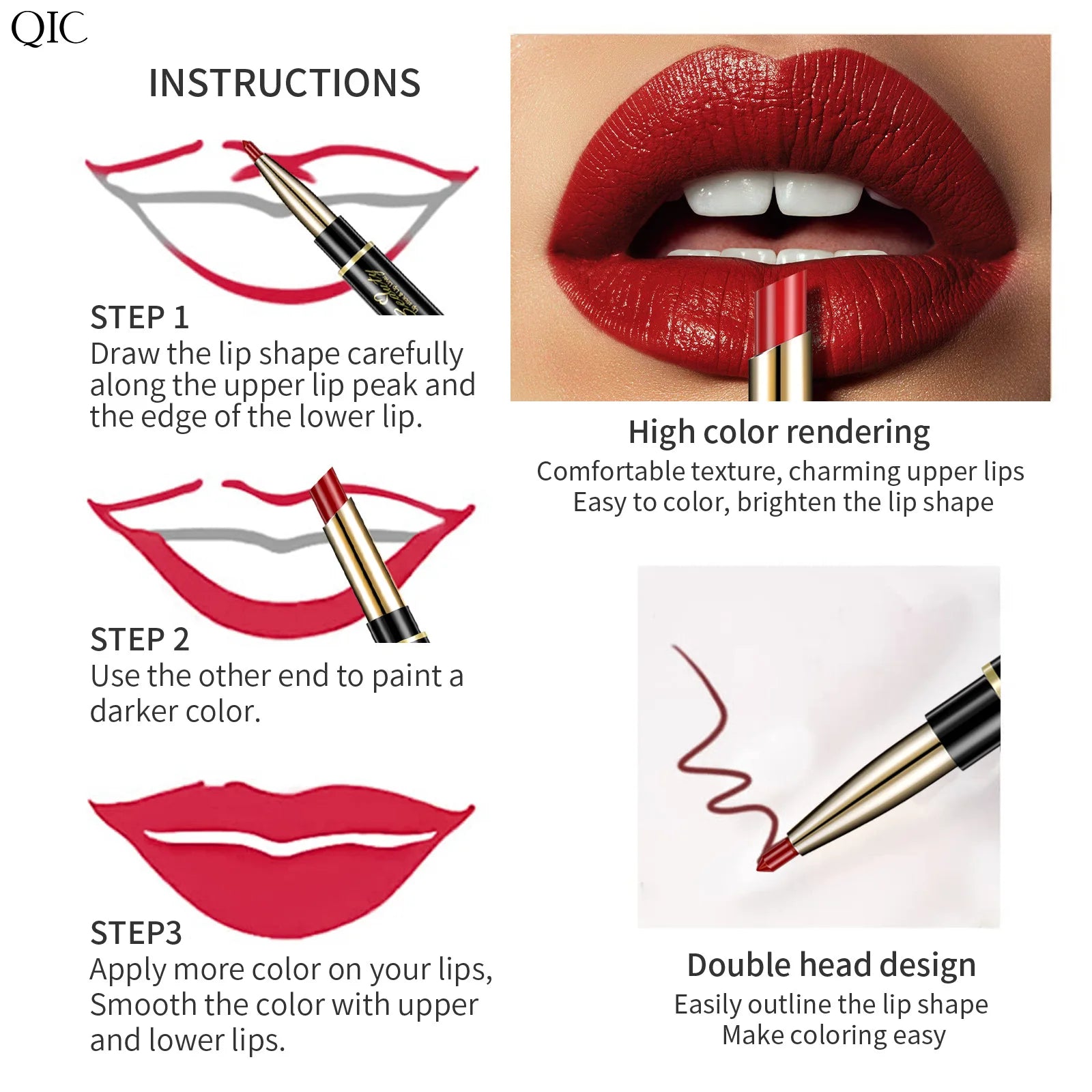 2-in-1 waterproof red matte lipstick and lip liner pencil with double-ended design for precise, long-lasting lip makeup.