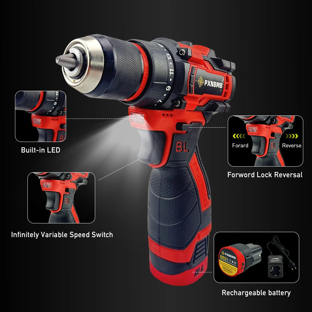PXNBMB 16.8V 60NM Torque Brushless Electric Drill 10mm Metal Ratchet Chuck Cordless Drill Electric Screwdriver DIY Power Tools