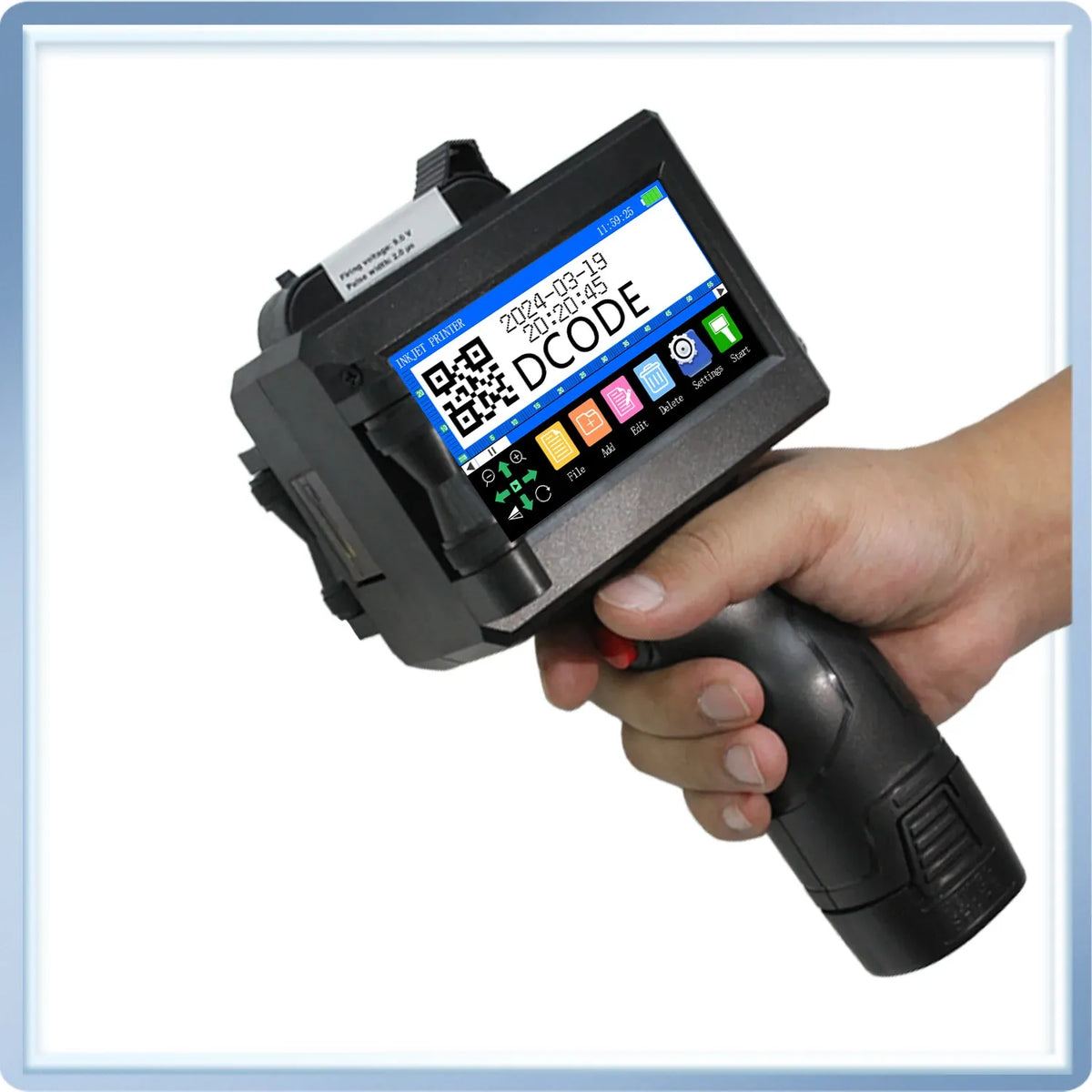 Handheld inkjet printer with tilted color display showing QR code for item marking