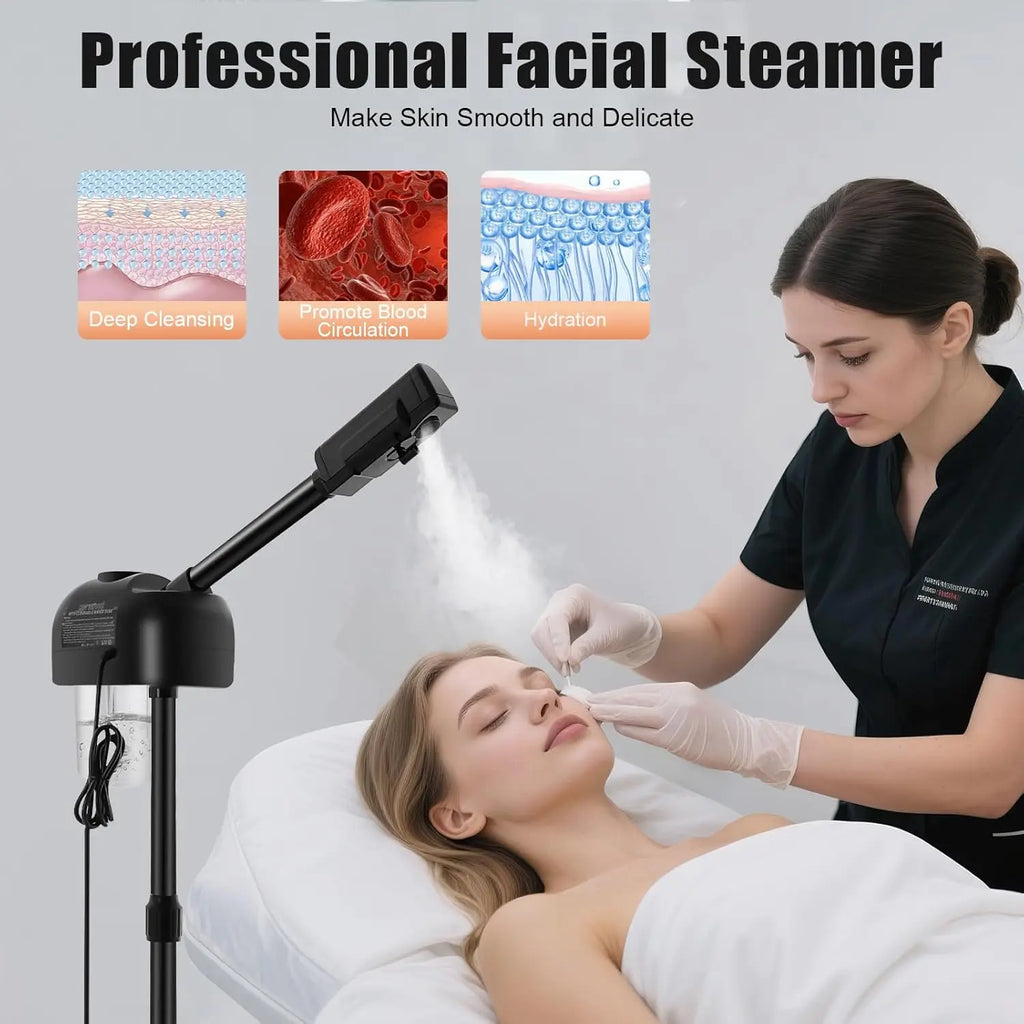 Portable professional facial steamer with adjustable stand, spray nozzle, and water tank for spa or home skin treatment.